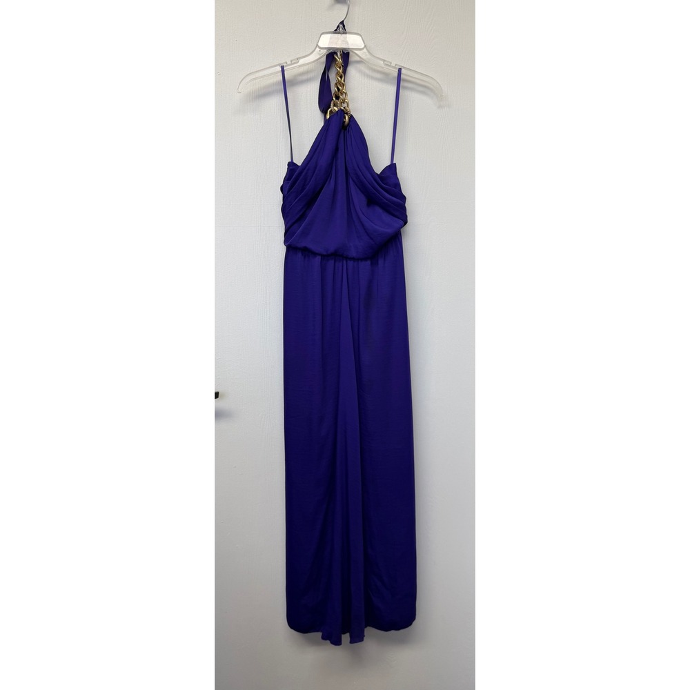 BCBGMAXAZRIA Edith Purple Halter Maxi Dress Gold Chain Link Y2K Glam Size 10